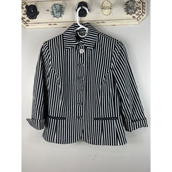 Chaps Jacket Blazer 3/4 Sleeve Spit Cuff Black White Stripe Button Jacket Small - Picture 1 of 6